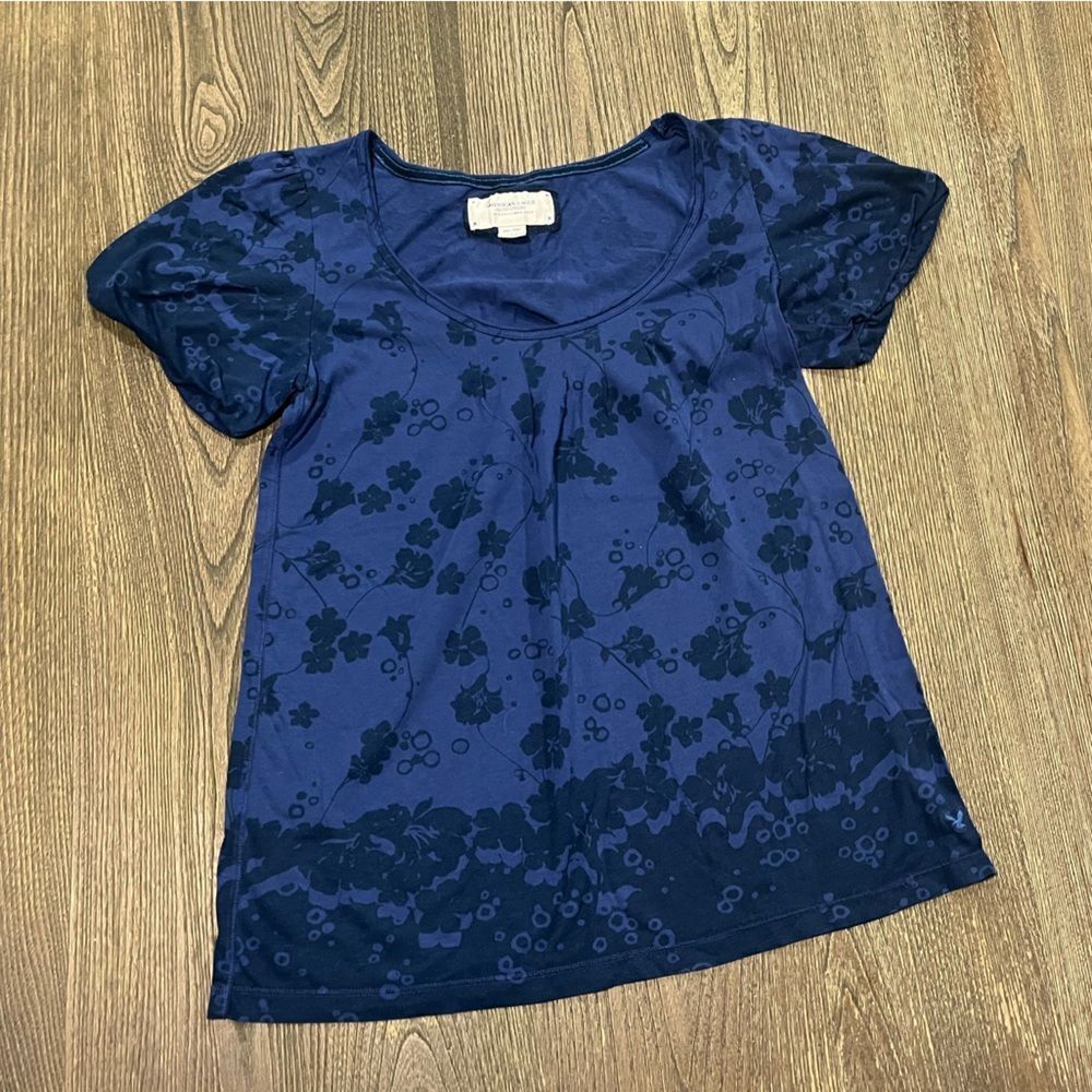 American Eagle Outfitters Blouse Top Floral Short Sleeve Scoop Neck Blue Size M